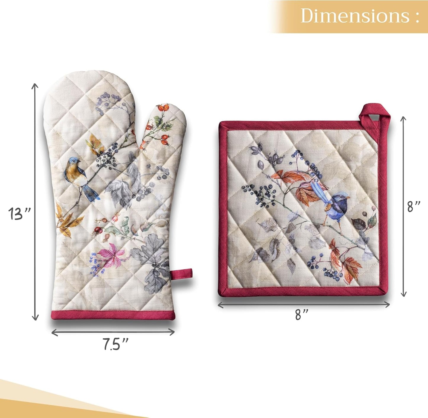 Maison d' Hermine 100% Cotton Oven Mitt & Pot Holder Set (7.5"x13" & 8"x8") Heat Resistant BBQ Cooking Gloves with Loop for Thanksgiving Christmas Decorations Handling Hot Pans (Equinoxe - Beige)