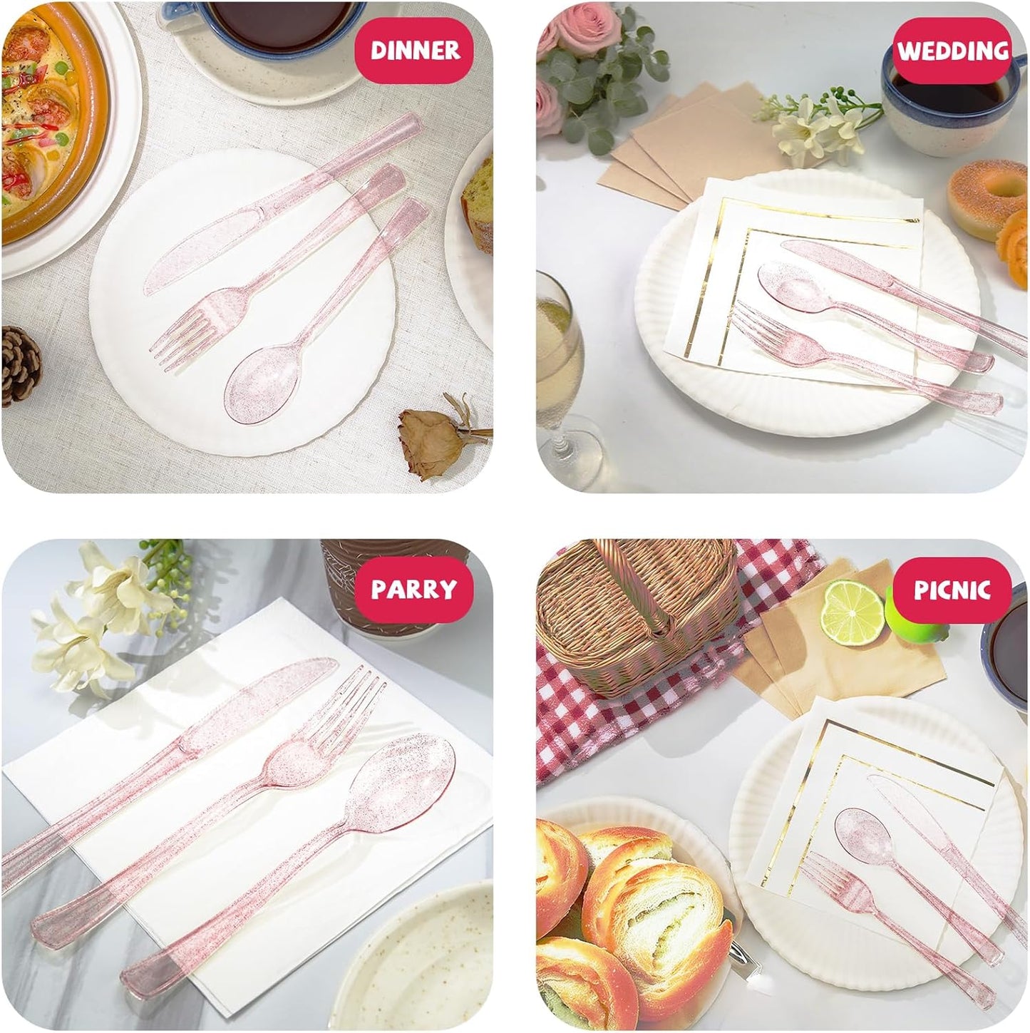 180PCS Rose Gold Plastic Silverware Set, Disposable Glitter Gold Cutlery, Flatware Set, 60 Forks, 60 Spoons, 60 Knives, Valentine's day Fancy Party Utensils