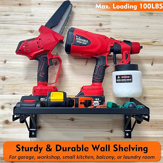 MUTUACTOR 2Pack Garage Wall Shelving,Wall-Mounted Sturdy Metal Shelving for Organizing,Heavy Duty Folding Storage Shelf Rack for Garage,Kitchen,Laundry, Holds Up to 100lbs