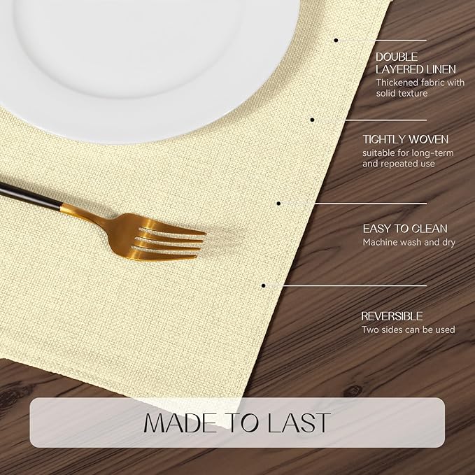 Romanstile Cloth Placemats Set of 8-12 x 18 Inch, Heat Resistant Double Layered Thickened Burlap Place Mats, Washable Linen Farmhouse Table Mats for Kitchen/Dining/Party/Outdoor, Cream