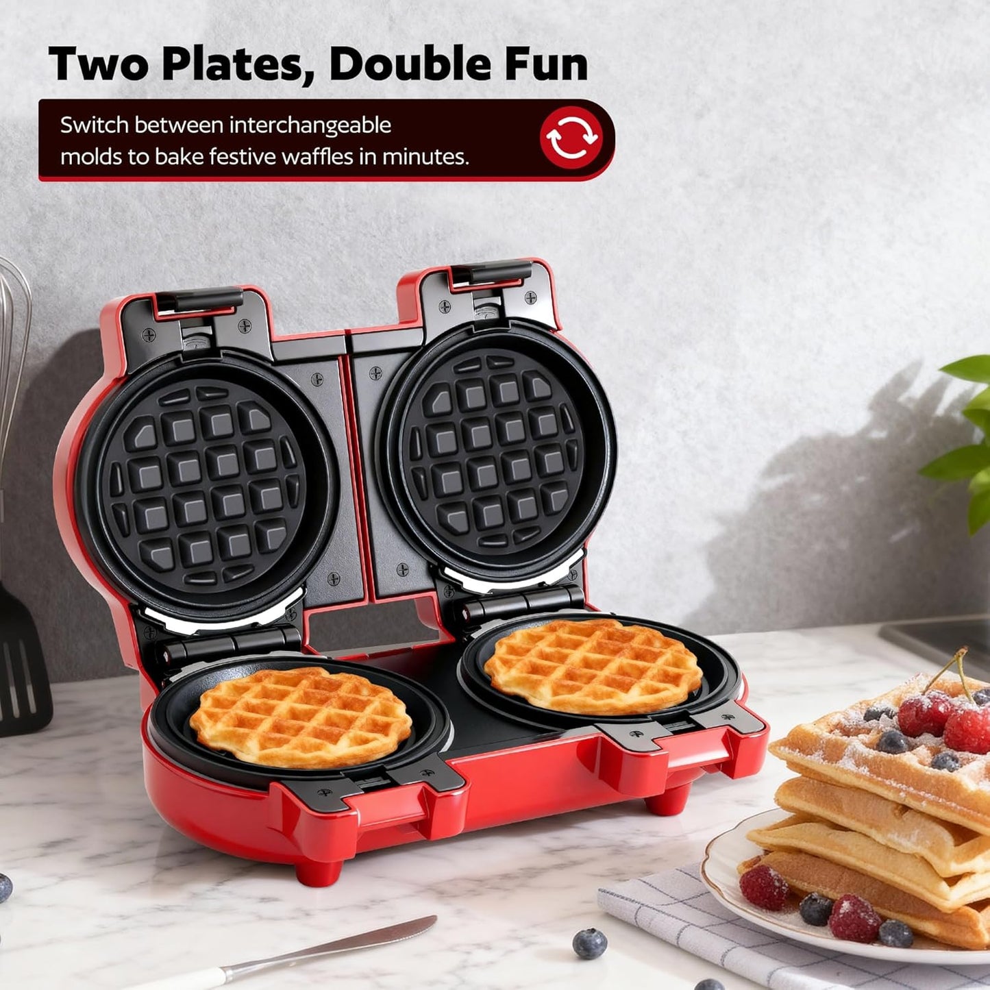 4" Waffle Maker with Removable Plates, 2-in-1 Nonstick Waffle Maker, Independent Dual Heating, Compact Design for Festive Family Breakfasts (228AK)
