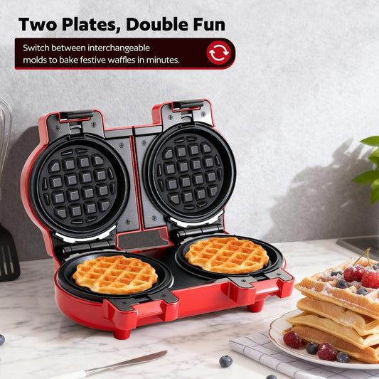 4" Waffle Maker with Removable Plates, 2-in-1 Nonstick Waffle Maker, Independent Dual Heating, Compact Design for Festive Family Breakfasts (228AK)