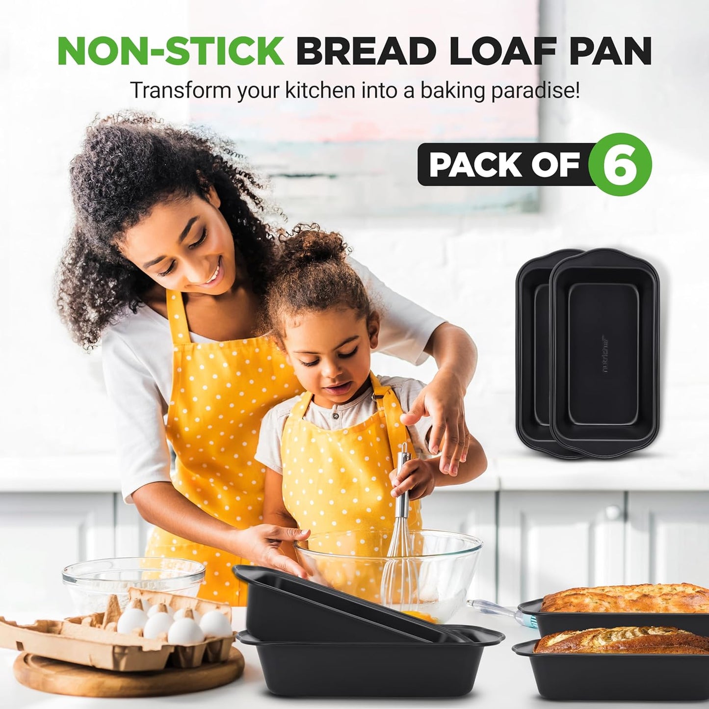 NutriChef Loaf Pans Set of 6 | Non-Stick Premium Bread Pans Quick & Even Heat Distribution | Oven Safe To 450 F | No PFOA, PFOS & PTFE | Food Grade Carbon Steel | 11.61 x 5.98 x 2.56 Inches (Black)