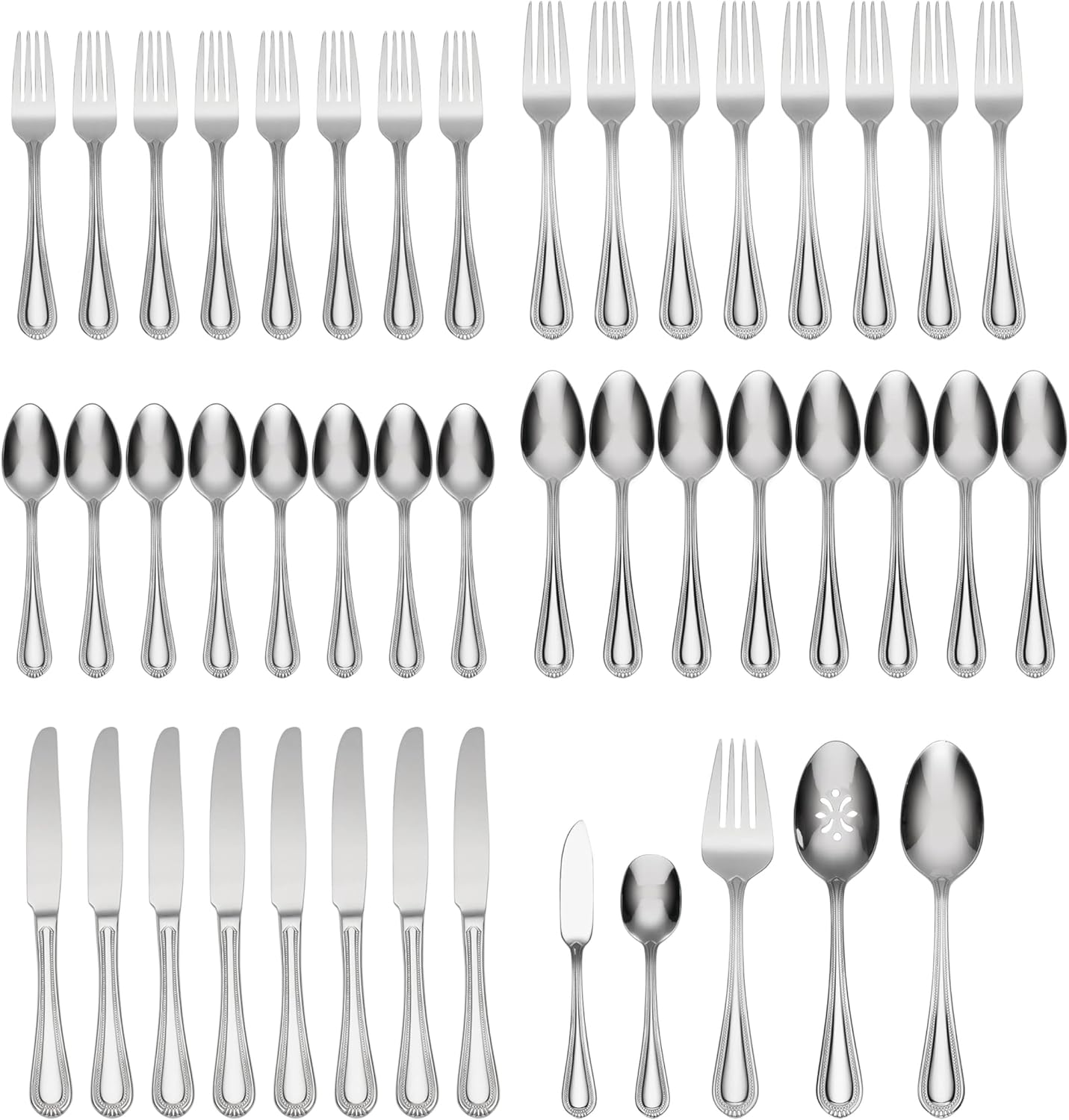Oneida Silverware Set For 8, Countess 45-Piece Everyday Flatware Set with Serving Utensils, Service For 8, Bead Pearl, 18/0 Stainless Steel, Dishwasher Safe,Knives Spoons & Forks Set (Silver 45 Piece)