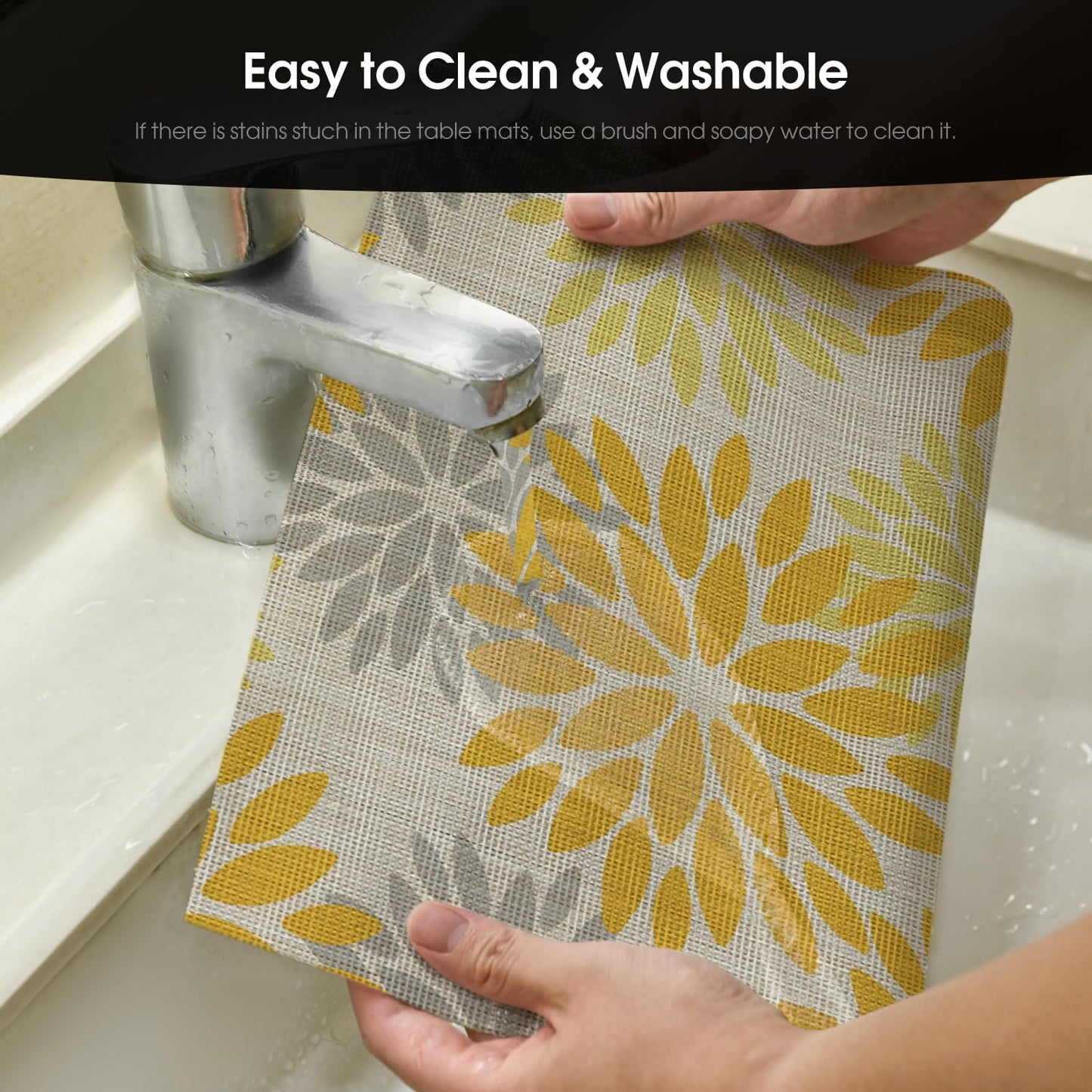 Artoid Mode Floral Plastic Placemats Set of 6, 12x18 Inch Washable Non-Slip Plastic Vinyl Place Mats for Party Kitchen Dining Decor, Yellow