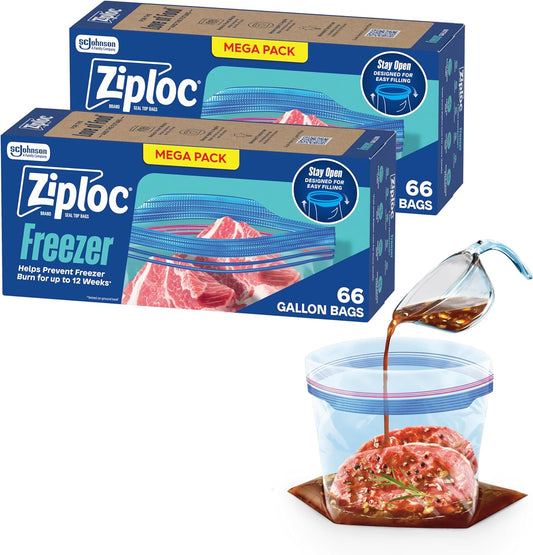 Ziploc Gallon Food Storage Freezer Bags, Stay Open Design, Easy to Fill, 66 count, 2 Pack, 132 Total (Packaging May Vary)