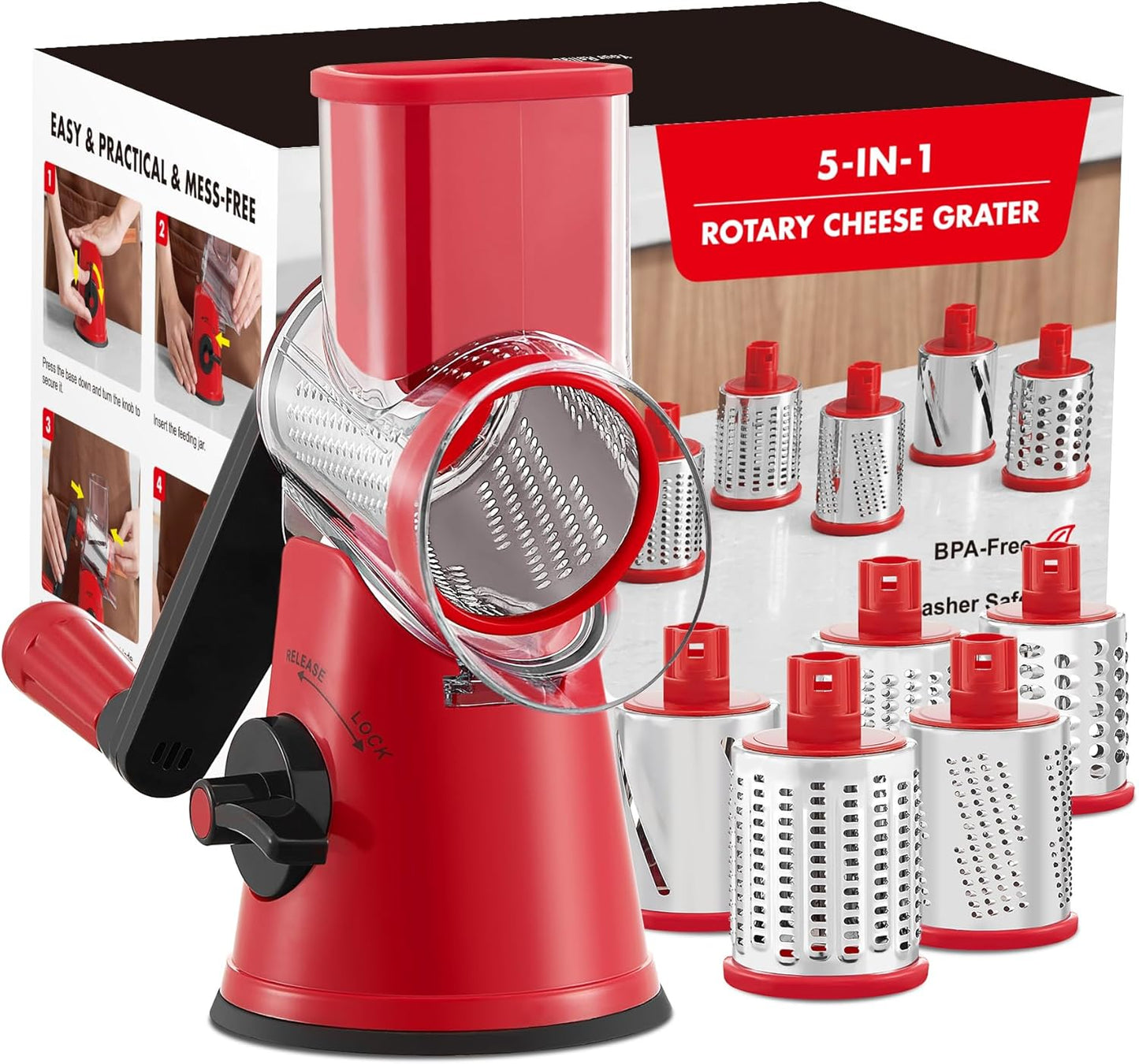 GDL Rotary Cheese Grater, Upgraded 5-in-1 Cheese Grater Hand Crank, Multi-purpose Cheese Shredder with Handle, Vegetable Slicer Cutter Ice Shaver for Potato, Carrot, Nuts, Chocolate