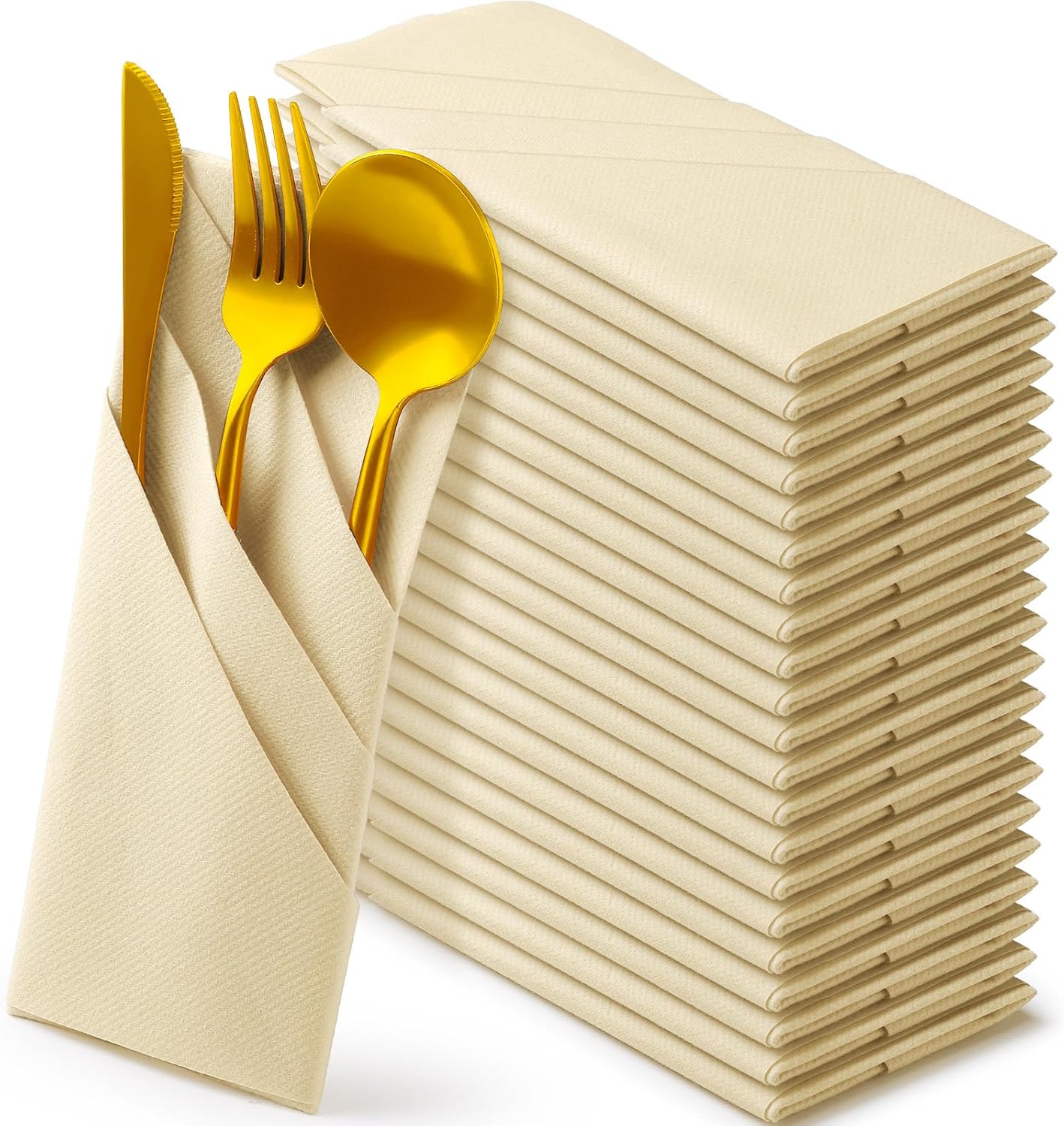 Qilery 50 Pcs Paper Linen Napkins Disposable Airlaid Paper Prefolded Dinner Napkins with Built in Flatware Pocket for Silverware Valentine Wedding Party Christmas Day (Champagne)