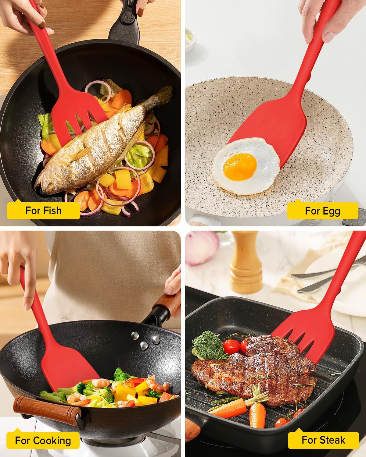 Pack of 2 Silicone Spatula Turners, Non Stick Slotted Kitchen Spatula Set, Heat Resistant BPA Free Kitchen Utensils, One-Piece Design, Suitable for Flipping Fish, Eggs, Steak, Pancakes (RED)