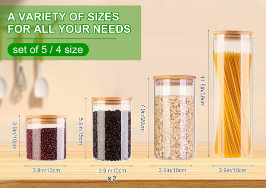 Glass Food Storage Jars, Food Containers with Airtight Bamboo Lids for Pasta, Cookies, Nuts, Coffee Beans, Cereal, Glass Canisters for Kitchen, Pantry Organization,Set of 5