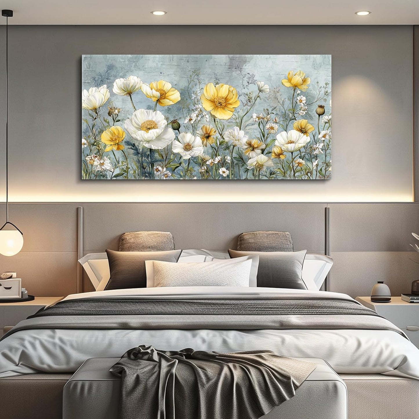 QIYILEXWART Canvas Wall Art For Living Room Large Wall Decor For Office Bedroom Decorations Yellow White Flowers Landscape Pictures Farmhouse Painting Artwork Room Wall Mural Aesthetic Home Decor 30x60 In