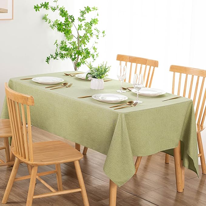 DWCN Rectangle Faux Linen Tablecloth - Textured Waterproof Spill-Proof Wrinkle and Stain Resistant Table Cloth Decorative Fabric Farmhouse Table Cover for Kitchen Dining Party, 52 x 70 Inch, Green