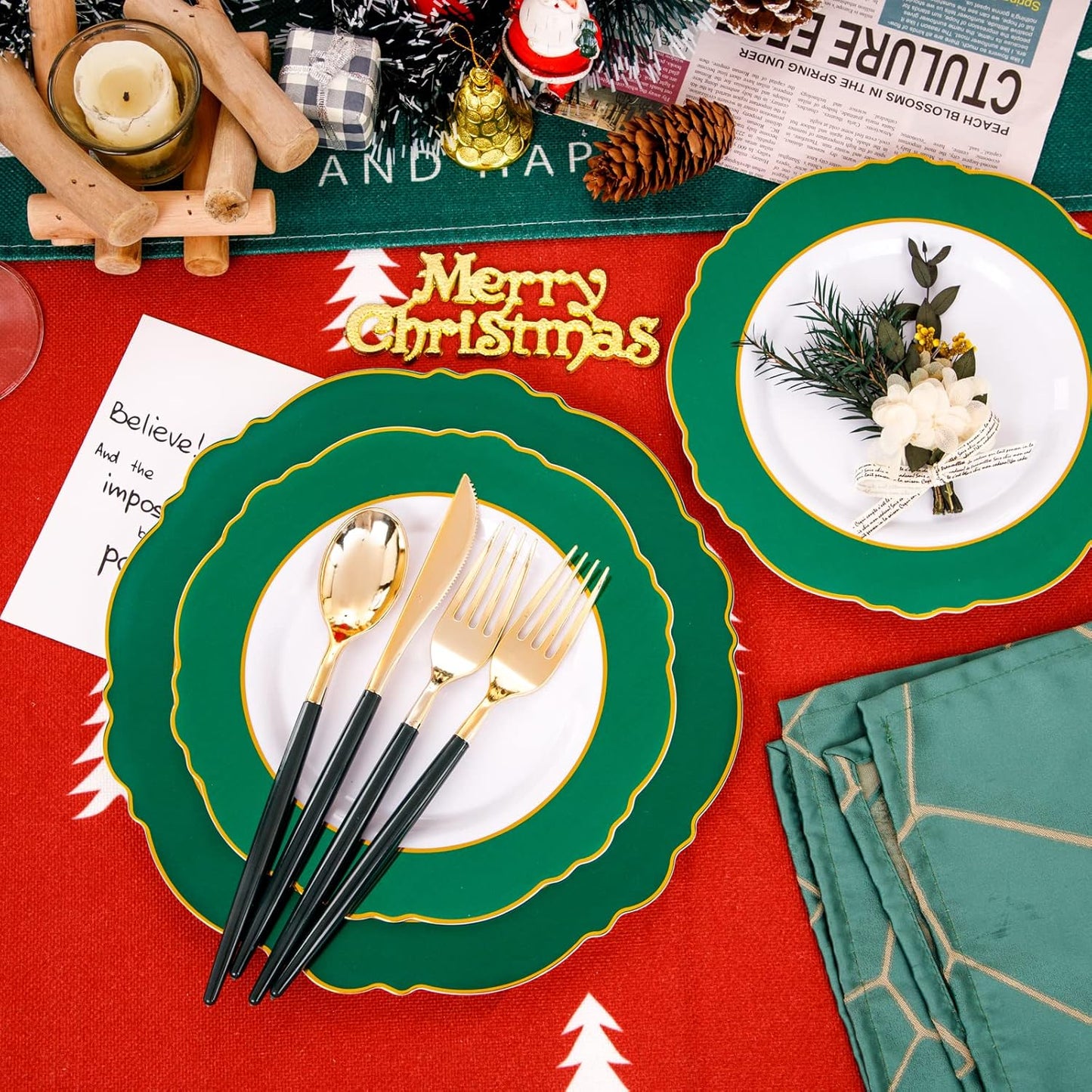 WDF 30Guest Christmas Plates Disposable - Gold Plastic Silverware With Green Handle - Christmas Plastic Plates - Baroque Green &Gold Plastic Dinnerware for Christmas Plates Party