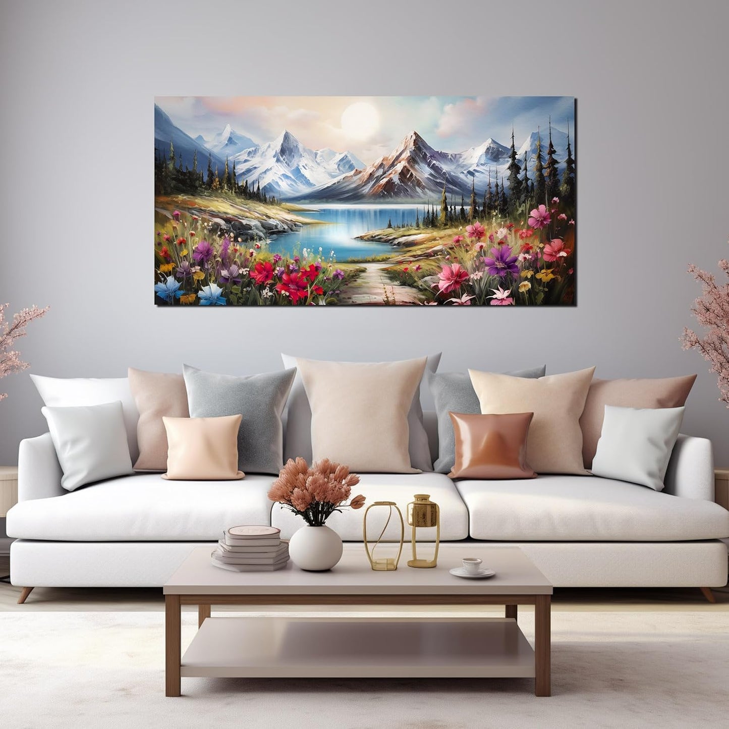 Large Canvas Wall Art for Living Room Farmhouse Decor Pictures Mountain River Landscape Wall Art Decor Prints Countryside Meadow Wildflower Artwork Canvas Painting Wall Decor for Bedroom 24x48 IN