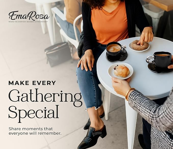 EmaRosa Ceramic Tea Cup Set with Silver Handle – Black Faceted Teacup and Saucer Set of 4 – Elegant Mugs Set of 4 for Coffee or Tea – Luxury Gift Box