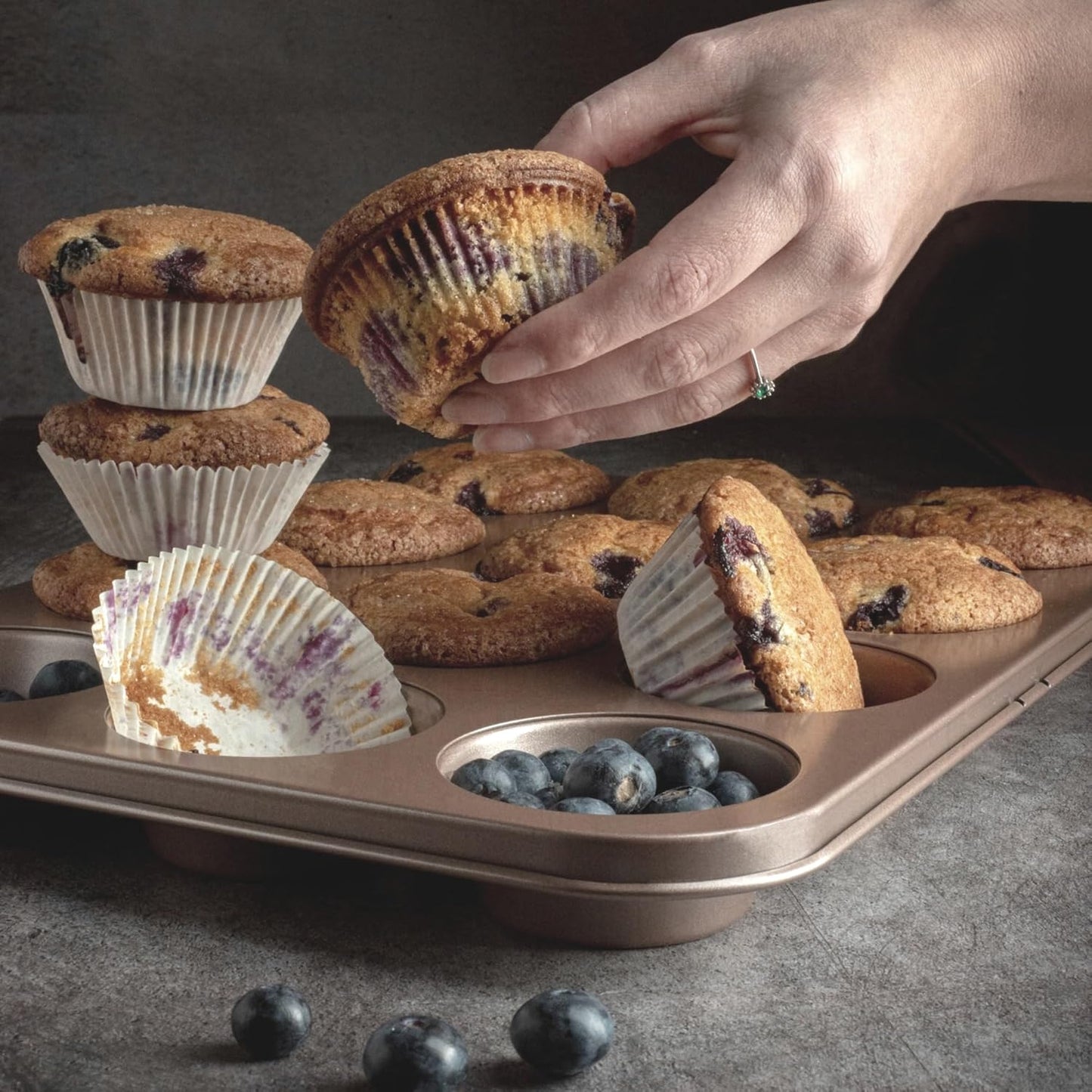 HAPPIELS Non Toxic Nonstick 12 Cup Muffin Pan | PFOA BPA free Nontoxic Cupcake Tin | Best Non Stick Muffin Pans | Muffin tins | Cupcakes Tray | Carbon Steel Bakeware Mold Trays