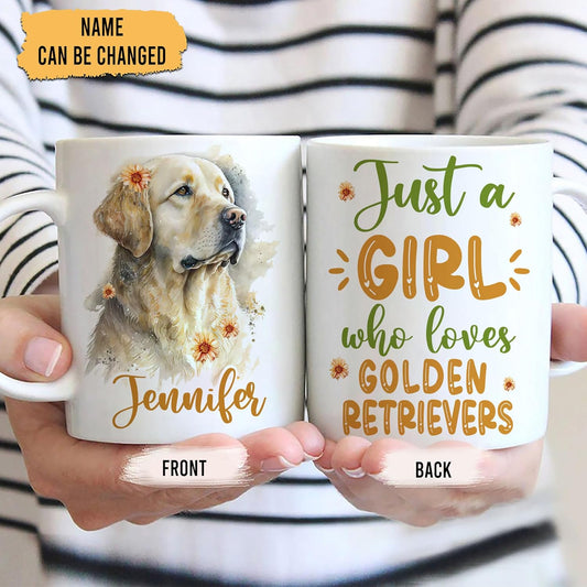 Hyturtle Personalized Gifts Golden Retriever Lover - Just A Girl Who Loves Golden Retrievers Custom Name Ceramic Coffee Mug Cup 11oz - Idea Cute Dog Lover Gifts For Women, Girl On Birthday, Christmas