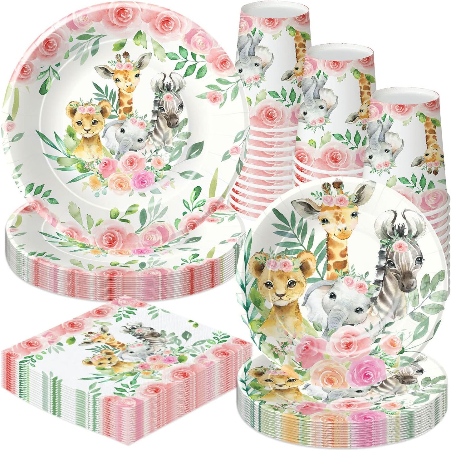 Safari Jungle Theme Party Supplies for Girl - Animal Safari Birthday Baby Shower Decorations Tableware Include 9" Plates, 7" Plate, Cup, Napkin, Jungle Party Decorations | Serve 48