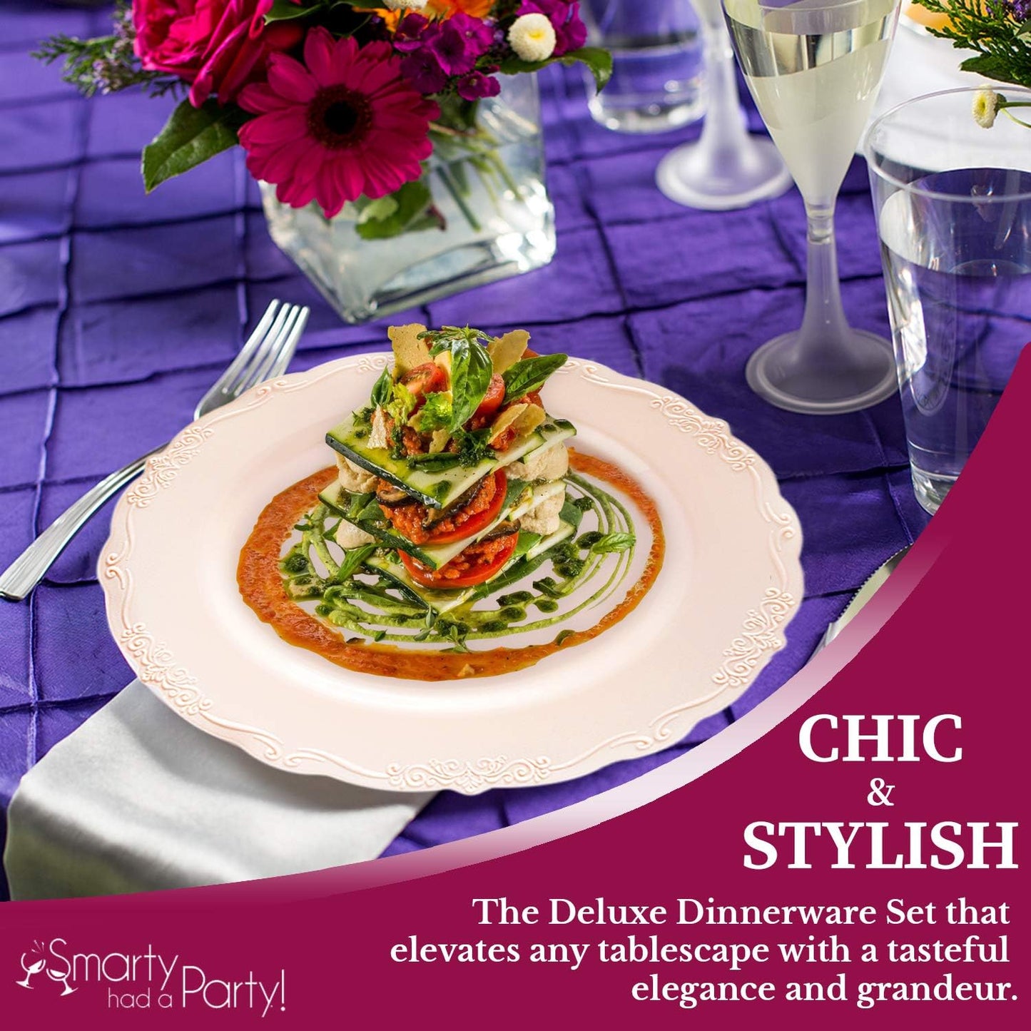 Elegant Plastic Plates, Disposable Dinnerware Sets, Plastic Dinner Plates, Disposable Plates for Party, Disposable Plastic Plates, Party Plates (Pink, Wedding Value Set (60 Guests))