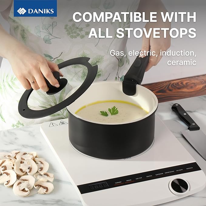 Daniks 9-Piece Nonstick Cookware Set, Ceramic Induction Pots and Pans with Detachable Silicone Handles, Oven & Dishwasher Safe, Black