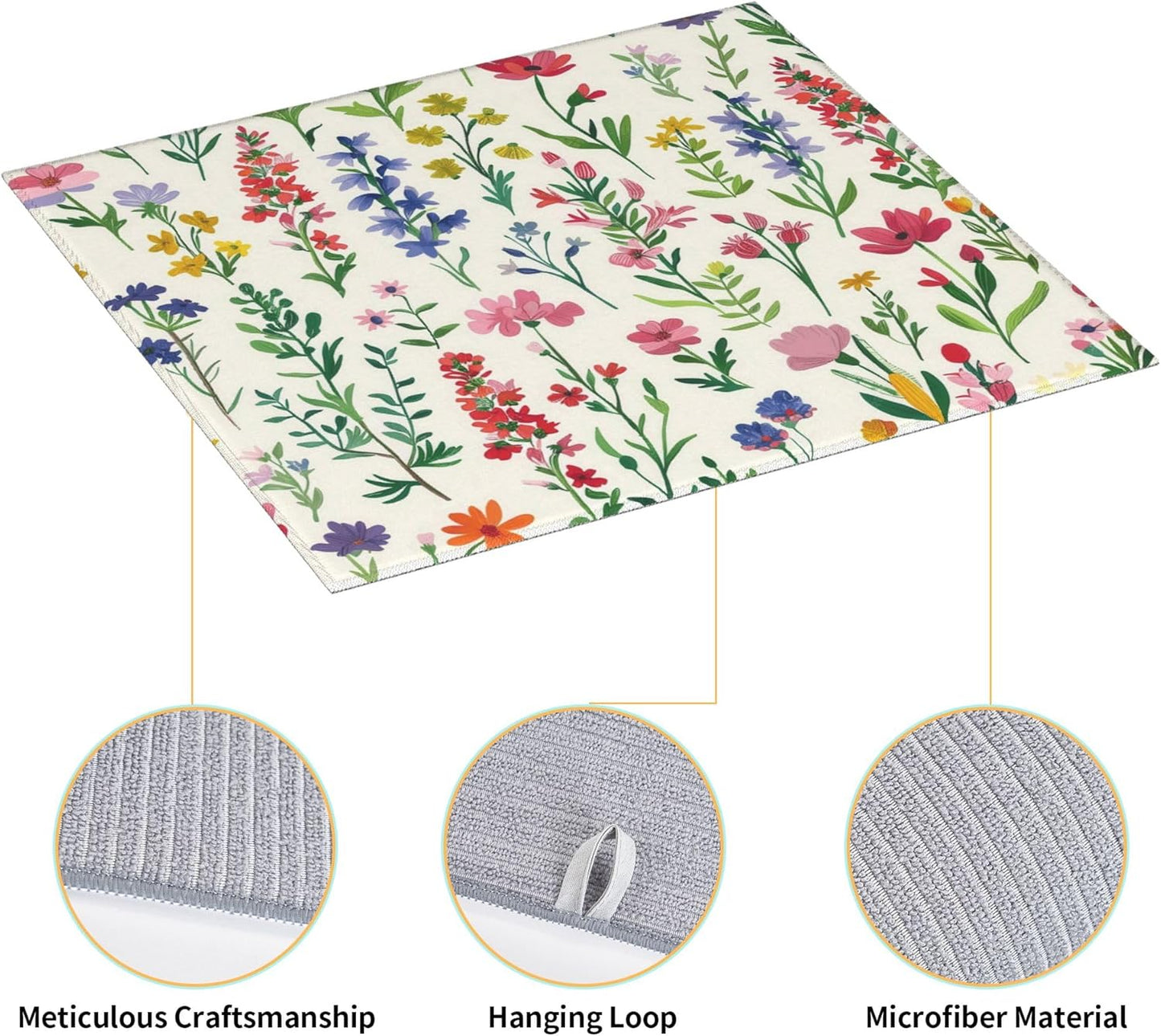 Watercolor Wildflower Dish Drying Mat for Kitchen Counter, 16"x18" Microfiber Absorbent Fast Dry Mat, 2Pcs Dish Mat Faucet Mats Sets, Large Drying Kitchen Mat Kitchen Drying Pad Coffee Bar Decor Gifts