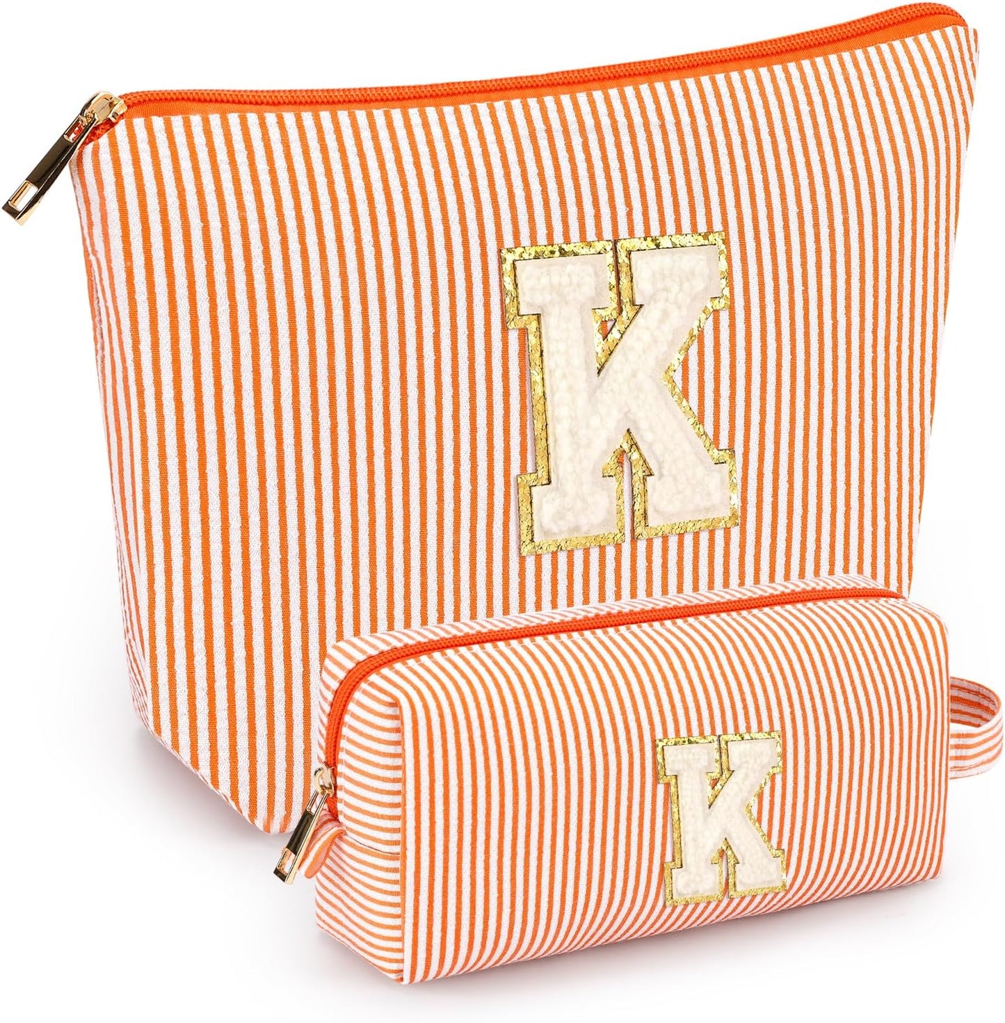 2 PCS Initial Makeup Bags for Women: Cosmetic Bag for Travel Toiletry - Birthday Gifts for 11 12 13 14 15 16 17 18 Years Old Girl Graduation Teacher Gift- Teen Girl Gifts Trendy Stuff - Orange K