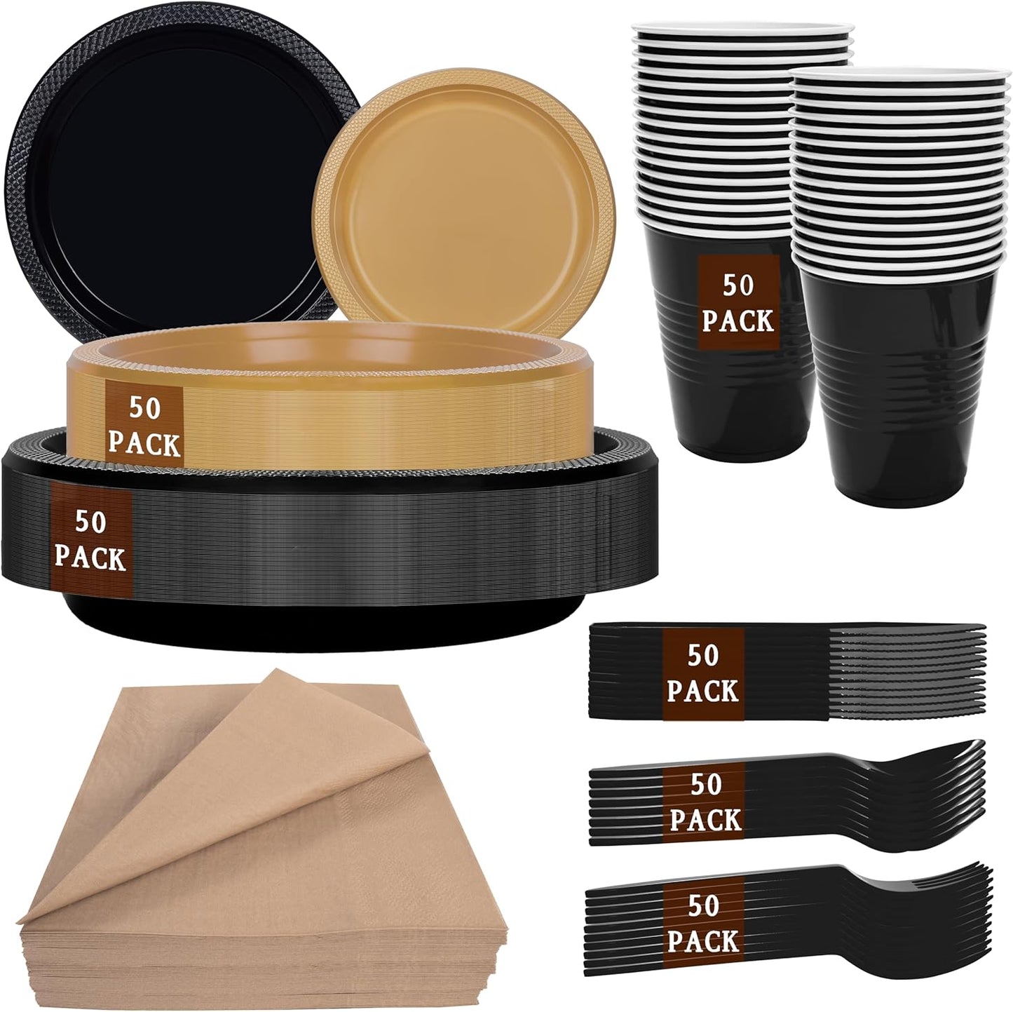 MirthMood 350PCS Black and Gold Plastic Plates,Black Disposable Plates –Plastic Plates Set Includes 50 Dinner,50 Dessert Plate,50 Cup&50 Napkins, 50 Black Silverware for Wedding& Parties& Halloween