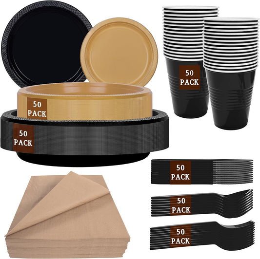 MirthMood 350PCS Black and Gold Plastic Plates,Black Disposable Plates –Plastic Plates Set Includes 50 Dinner,50 Dessert Plate,50 Cup&50 Napkins, 50 Black Silverware for Wedding& Parties& Halloween