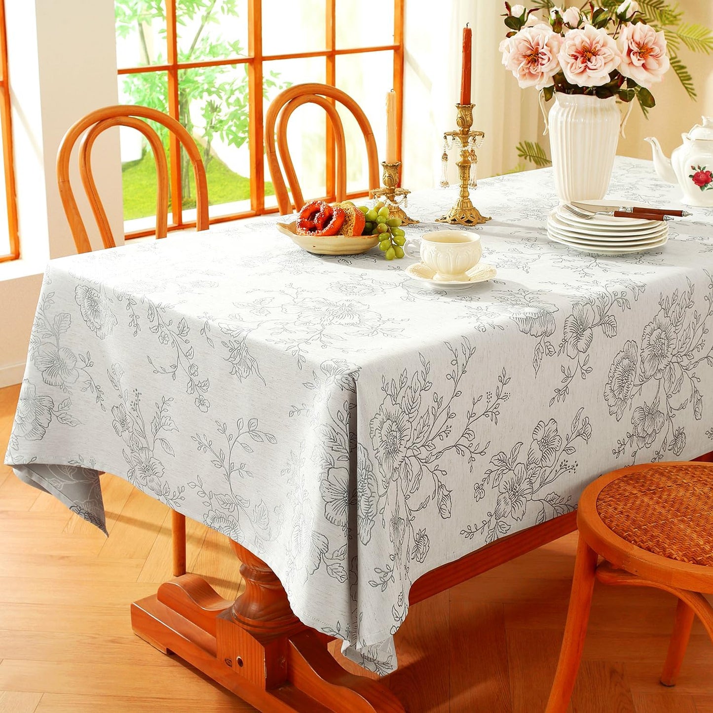 Chassic Premium Vintage Farmhouse Damask Floral 60 x 120 inch Rectangle Table Cloth – Water Resistant Linen Textured Jacquard Tablecloth for Kitchen Dining & Picnic Decor - Grey