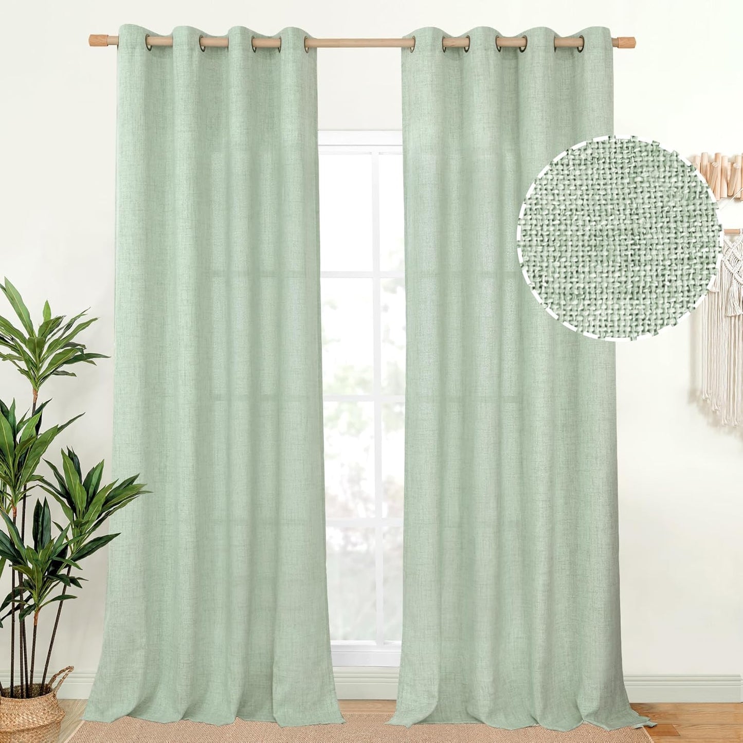 YoungsTex Sage Green Linen Curtains 95 Inch Long for Living Room 2 Panels, Floor Length Semi Sheer Textured Drapes Light Filtering Window Treatments for Dining Room Bedroom, 2 Panels, 52 X 95 Inch