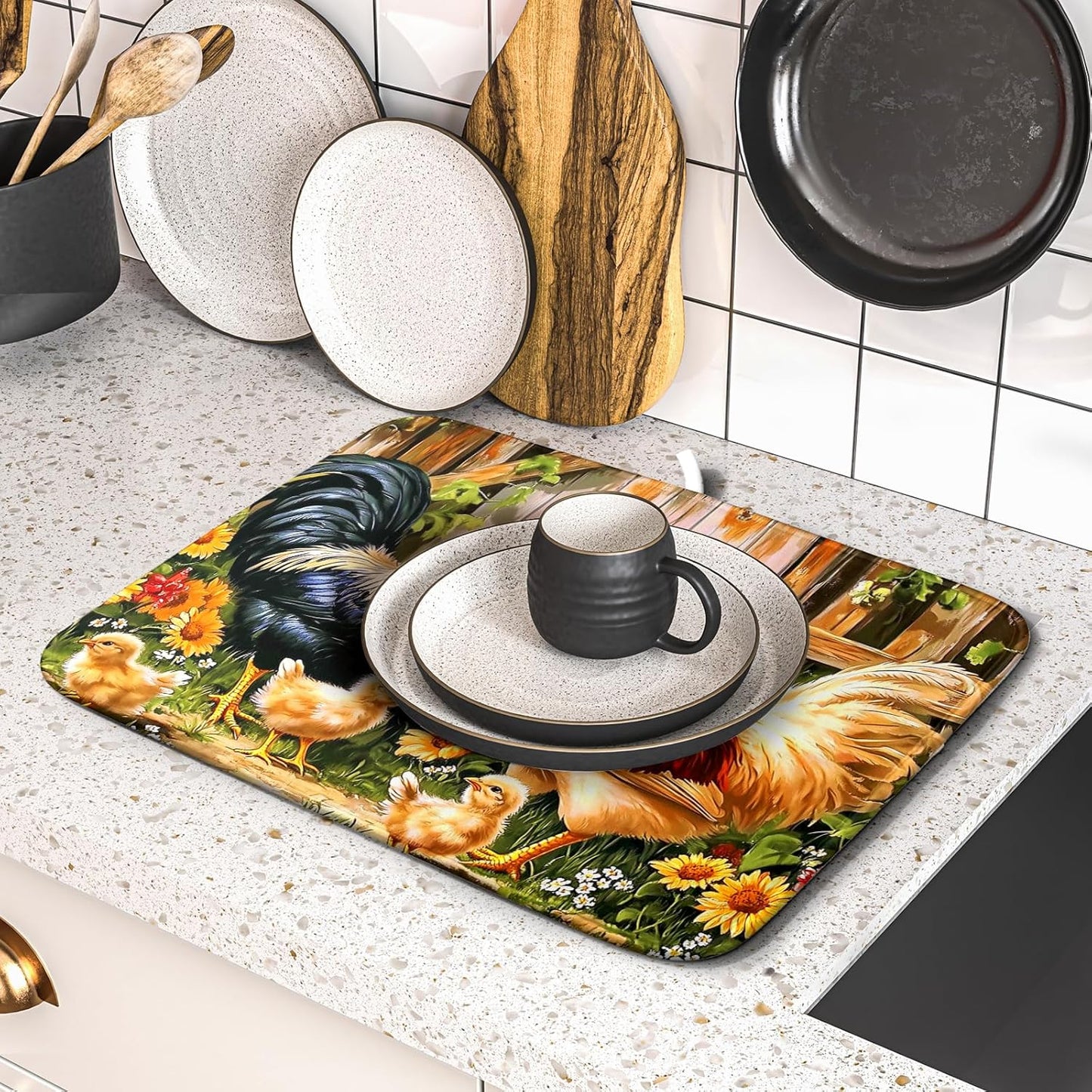 Rooster Chickens Dish Drying Mats 16x18 Inch,Farmhouse Wooden Fence Sunflower Microfiber Absorbent Quick-Dry Drainer Rack Sink Protector Pad for Kitchen Counter Decor