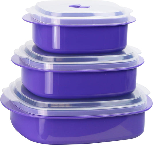 Reston Lloyd Nesting Microwave Containers, Set of 3, Adjustable Steam Vents, Airtight, Meal Prep, Durable BPA-Free Plastic- Freezer & Dishwasher Safe, Cookware & Food Storage, Anyday Cookware, Purple
