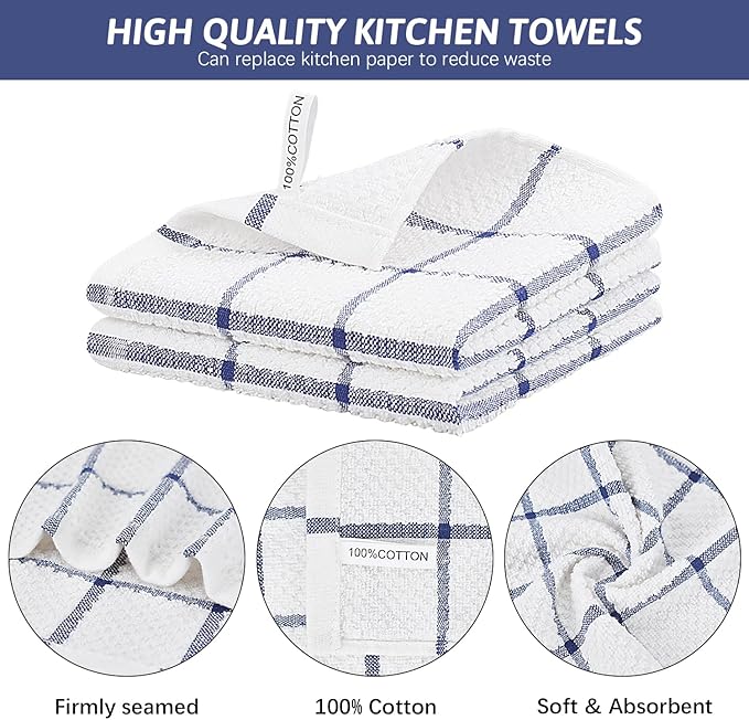Nialnant Cotton Terry Kitchen Towels,12 x 12 Inches Dish Cloths Set of 8,Super Soft and Absorbent Dish Rags for Cleaning - Navy Blue Plaid