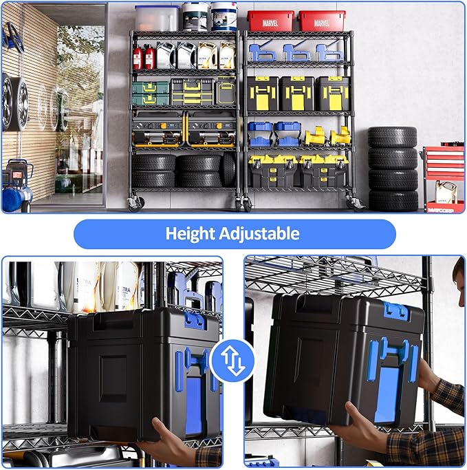 IZEUK 5-Tier Storage Shelving Unit with Wheels, Adjustable Heavy Duty Steel Wire Rack Organizer (Black, 17.7" D x 47.2" W x 76.7" H, 1750 lbs Capacity) for Garage, Kitchen, Office, Laundry, Basement