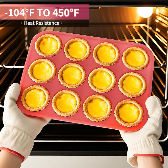 Bangp 12-Cup Silicone Muffin Pan with Metal Reinforced Frame,2 Pack Regular Size Cupcake Pan,Premium Non-Stick Bend Resistance Silicone Molds for Making Muffin,Cakes,Tart,Egg Bites (Red)
