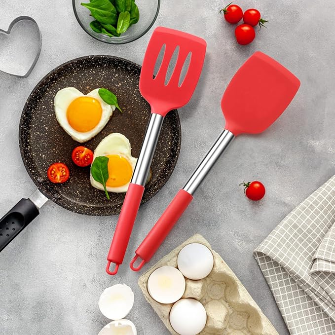 Silicone Spatula Set of 2, E-far Solid & Slotted Turner for Nonstick Cookware, Heat Resistant Rubber Kitchen Cooking Utensils for Flipping Fish Pancake Egg - Red