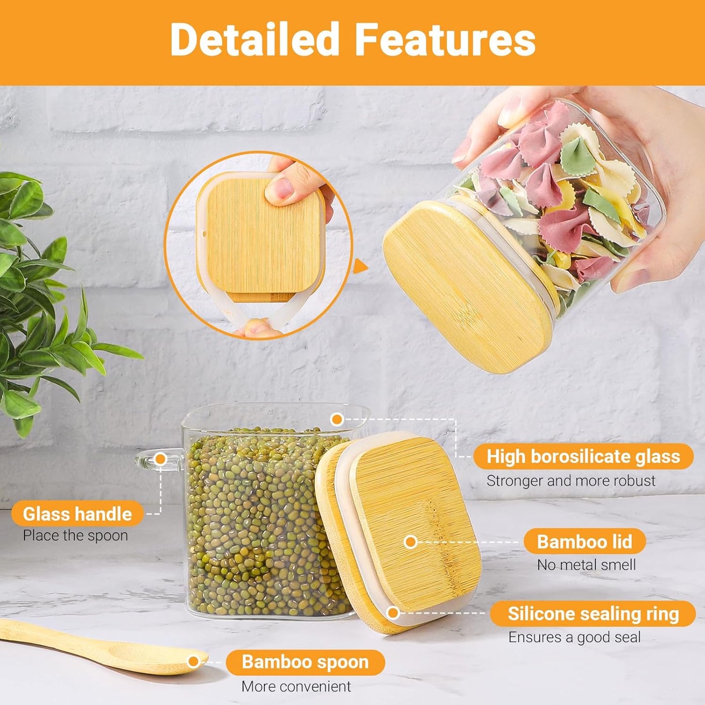 Glass Spice Jars with Airtight Lids - 2 Pack 10 Fl.oz Square Glass Storage Jars with Bamboo Lid and Spoon, Kitchen Pantry Storage Container Food Canister for Coffee, Sugar, Loose Tea, Candy