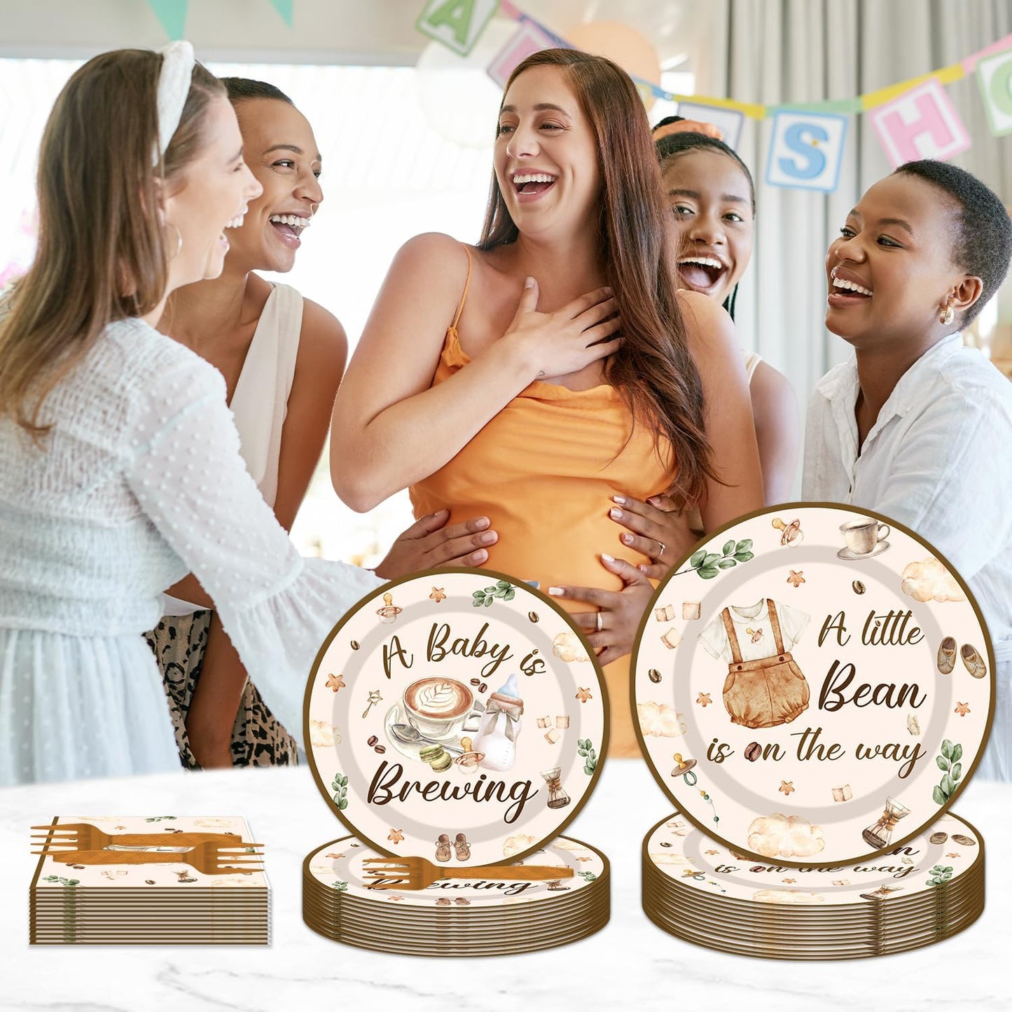 96Pcs Coffee Theme Baby Shower Tableware Set - A Baby Is Brewing Paper Plates Napkins Forks A litte Bean Is On The Way Gender Reveal Party Supplies Serve 24 Guests