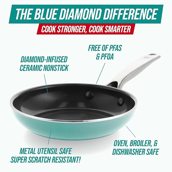 Blue Diamond 8" Nonstick Frying Pan Skillet, Diamond Infused Ceramic PFAS-Free, Dishwasher & Oven Safe, Stay Cool Handle, Durable Non Toxic Metal Utensil Safe, Egg & Omelet Pan, Turquoise