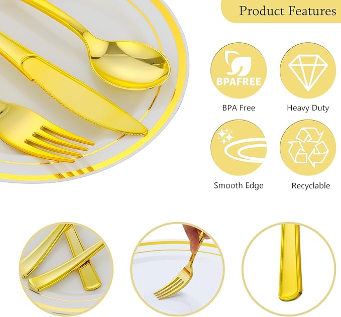 700 PCS Gold Plastic Dinnerware for 100 Guests, Gold and White Disposable Plates include 100 Dinner Plates,100 Dessert Plates,100 Silverware Set,100 Cups,100 Napkins
