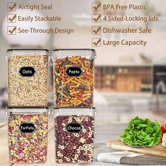 Wildone Large Food Storage Containers 5.2L /175oz, 4 Piece BPA Free Plastic Airtight Food Storage Containers for Flour, Sugar, Baking Supplies, Kitchen & Pantry Containers with 20 Labels