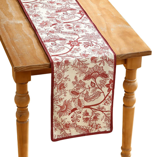 ISAENNE Designer Chinoiserie Elegant Linen Table Runner 71 Inches Long,Red Floral Pattern Decor Table Runners for Thanksgiving,Dining Room,Banquet,Kitchen Tables,Christmas,12"*71"-Ruyi A