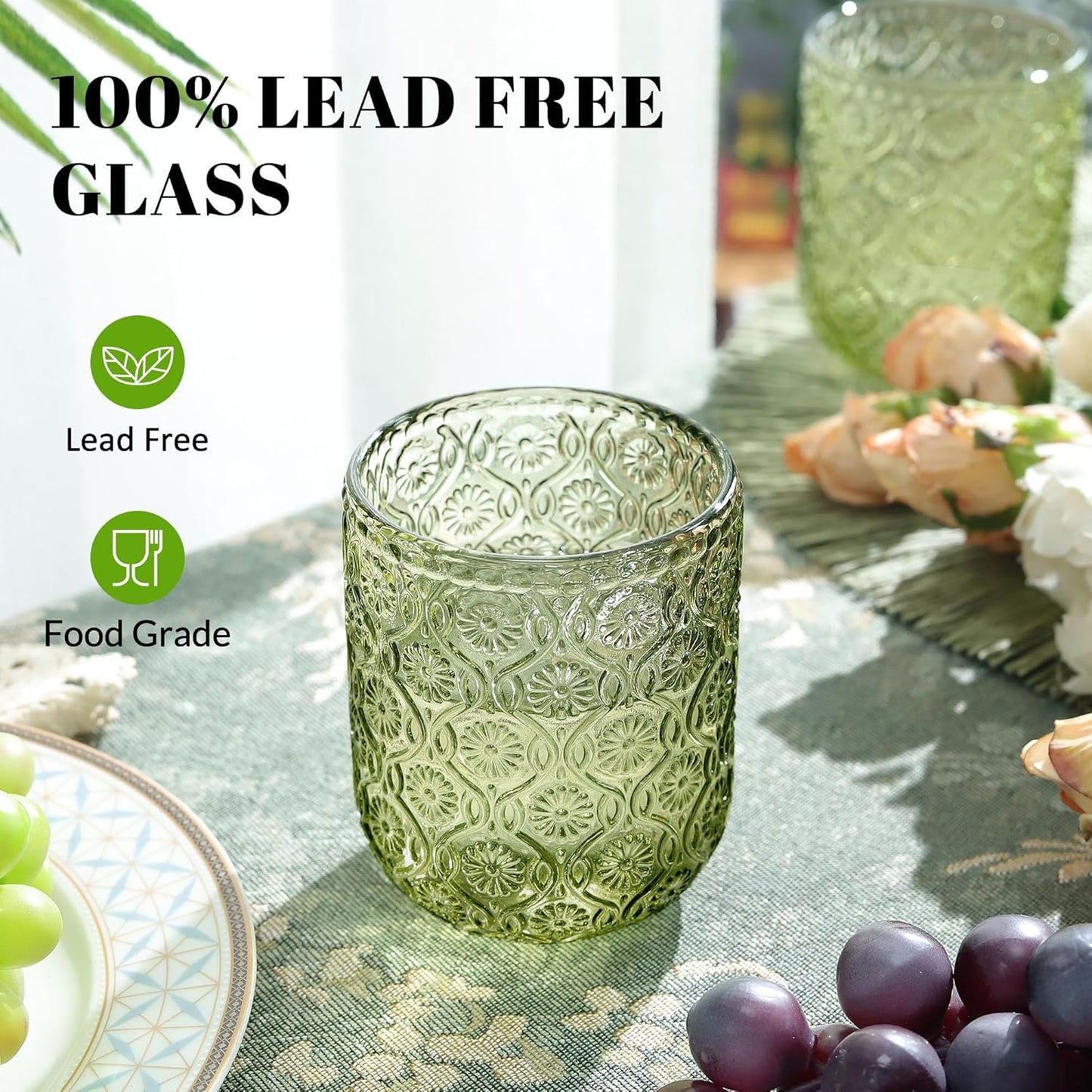 Joeyan Small Green Drinking Glasses,Vintage Embossed Floral Water Glass Tumbler Cups,Colored Beverages Cocktail Juice Wine Glassware,9 oz,Set of 4,Dishwasher Safe