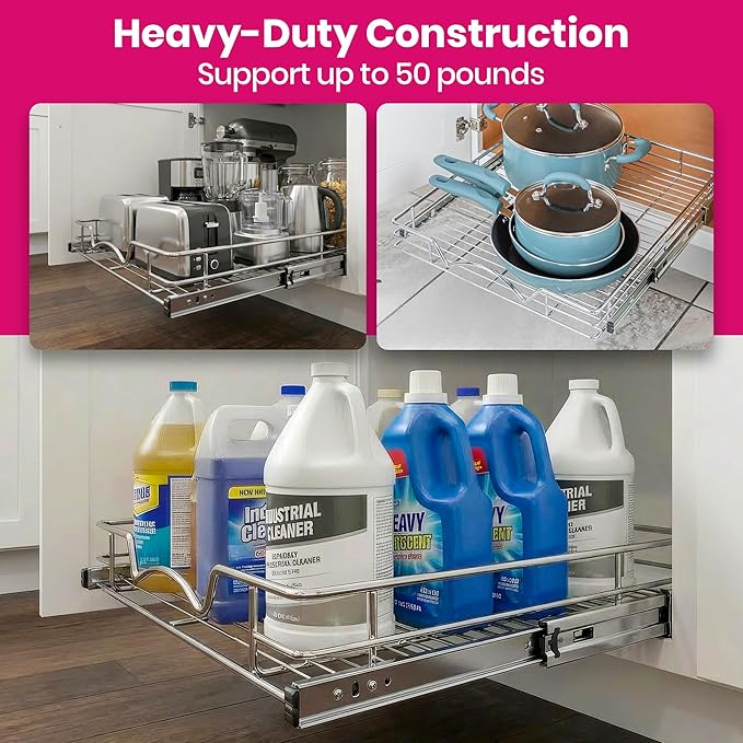 HOLDN’ STORAGE Pull Out Cabinet Organizer, Heavy Duty Caddy w/Lifetime Limited Warranty -20”W x 21”D - Requires At Least 21-1/4” Cabinet Opening, Steel Metal Cabinet Drawers Slide Out, Chrome