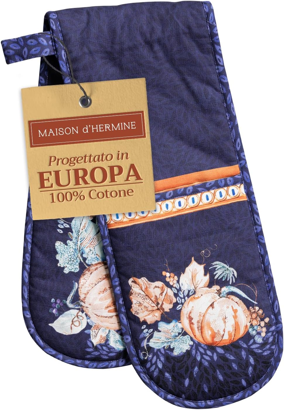 Maison d' Hermine Double Oven Mitt (7" x 35") 100% Cotton Heat Resistant BBQ Cooking Gloves with Loop for Thanksgiving Christmas Decorations Baking Cooking Barbeque Handling Hot Pan (Pumpkin Blues)