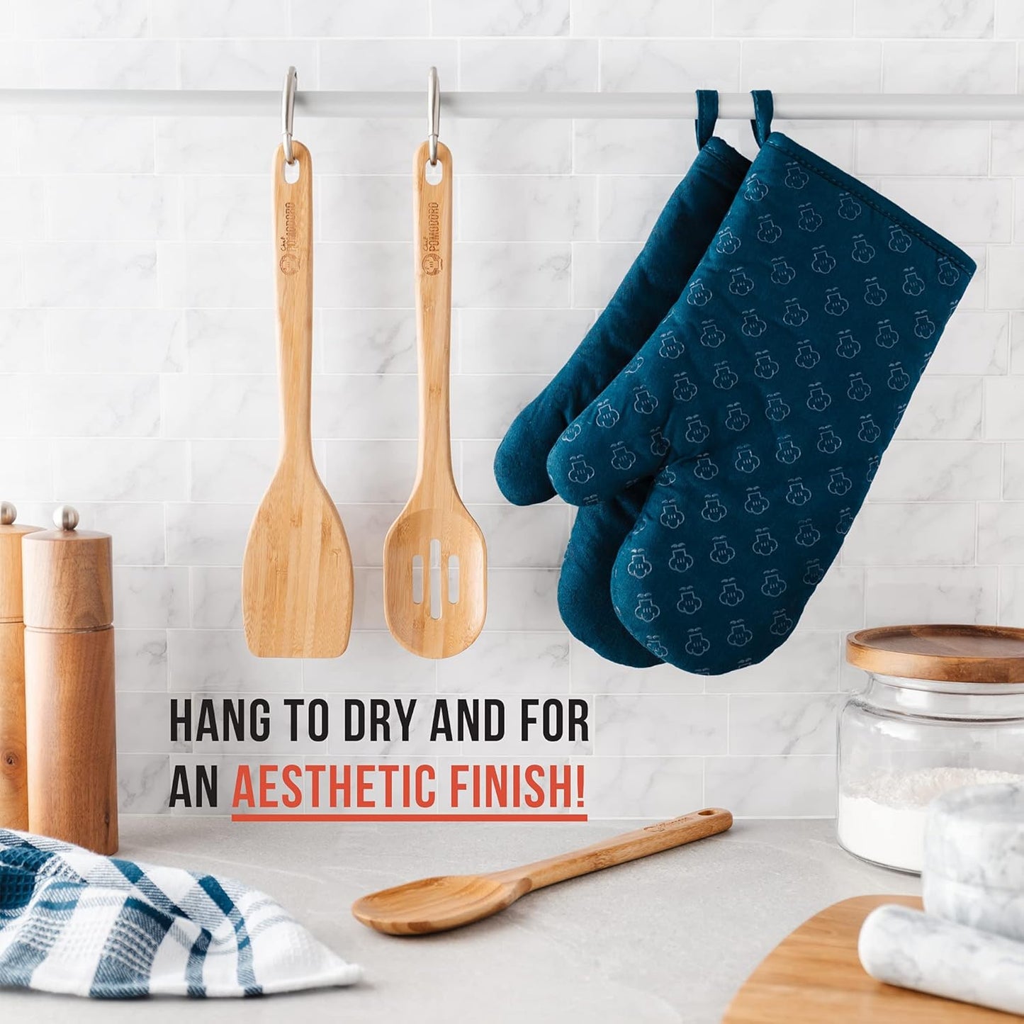 Chef Pomodoro Bamboo Cooking Utensils 3-Piece Set, Large 12.5-Inch Wooden Spatula and Frying Set