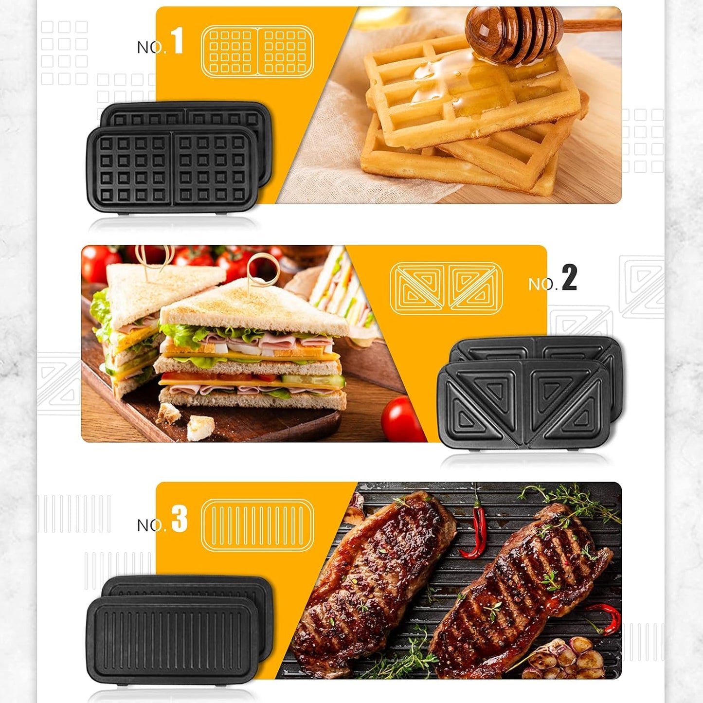 3-in-1 Belgian Waffle Maker 1200W, Stainless Steel Waffle Iron & Sandwich Press with Removable Nonstick Plates, 5-Gear Temperature Control, Cool Touch Handle, Easy to Clean for Family Breakfast