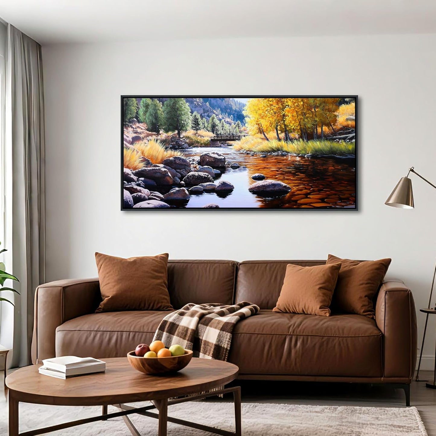 CHATYOUNG Large Fall Wall Art - Yellow Green Forest Paintings Artwork Lake Stone Tree Bridge Rustic Autumn Landscape Canvas Picture for Living Room Bedroom Office Home Wall Decor 24"X48"