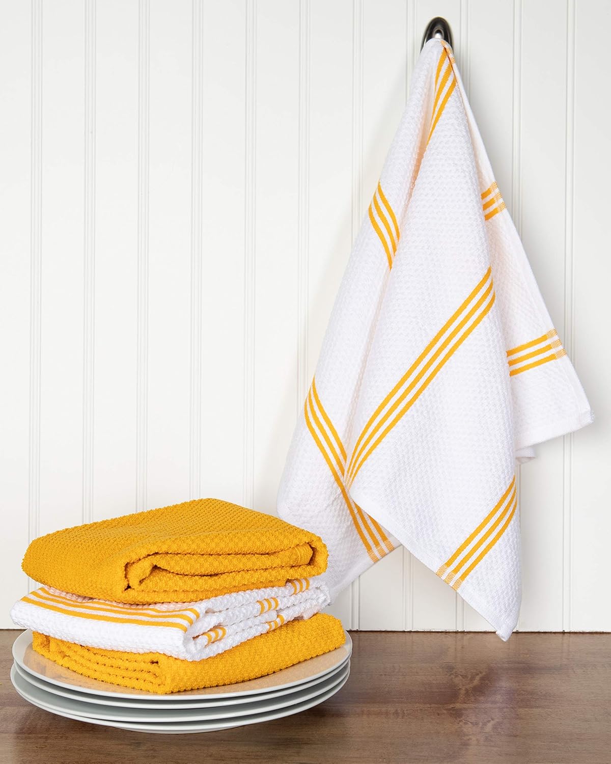 Sticky Toffee Cotton Kitchen Towels Set of 4 – Yellow and White Dish Towels 28x16 in, Reusable and Absorbent Tea Towels for Cleaning or Drying, Oeko-Tex Cotton