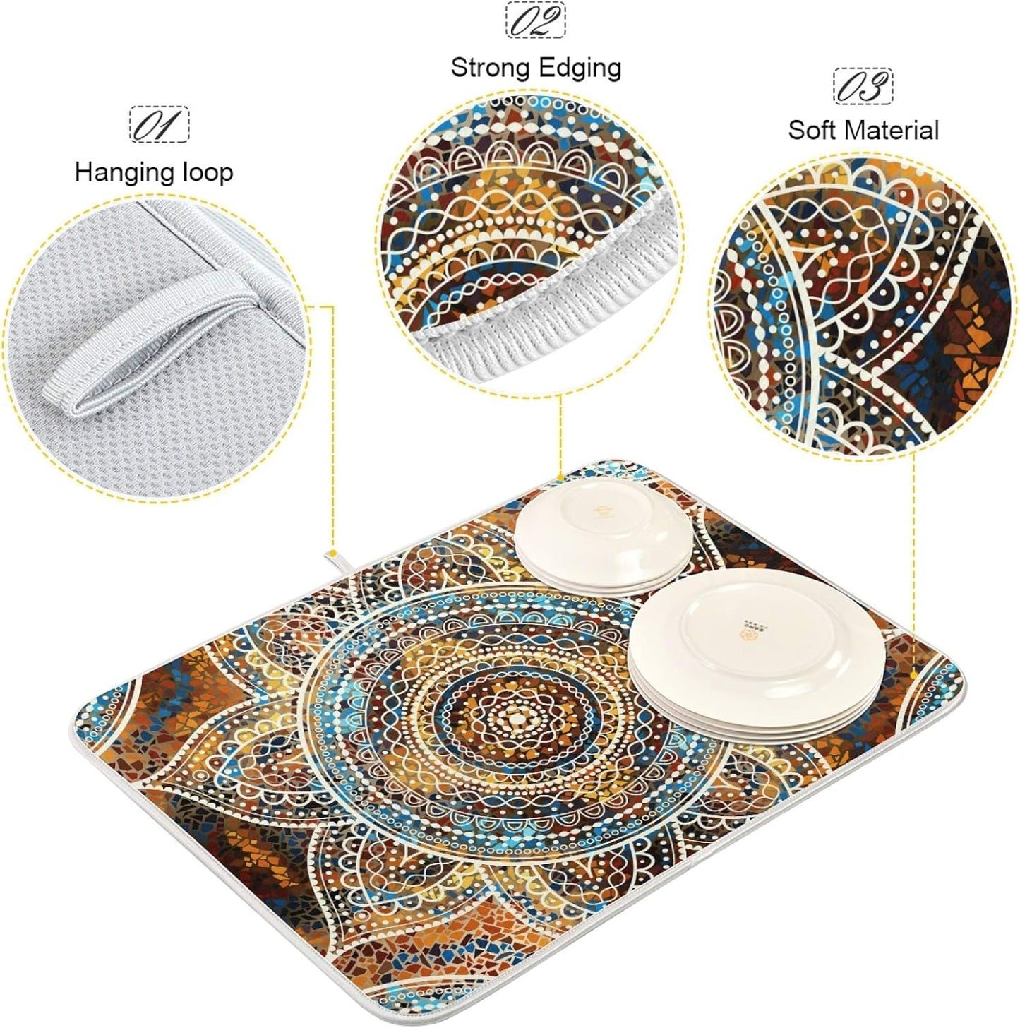 Mandala Dish Drying Mats 18 x 24 Inch Super Absorbent Microfiber Dish Drainer Mats Heat Resistant Drying Pads for Kitchen Counter Sinks Dining Table